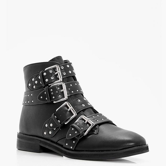 black studded strap ankle boots